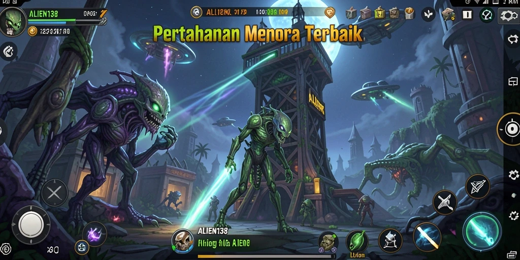 Tampilan gameplay seru dari ALIEN138 dalam mempertahankan menara.
