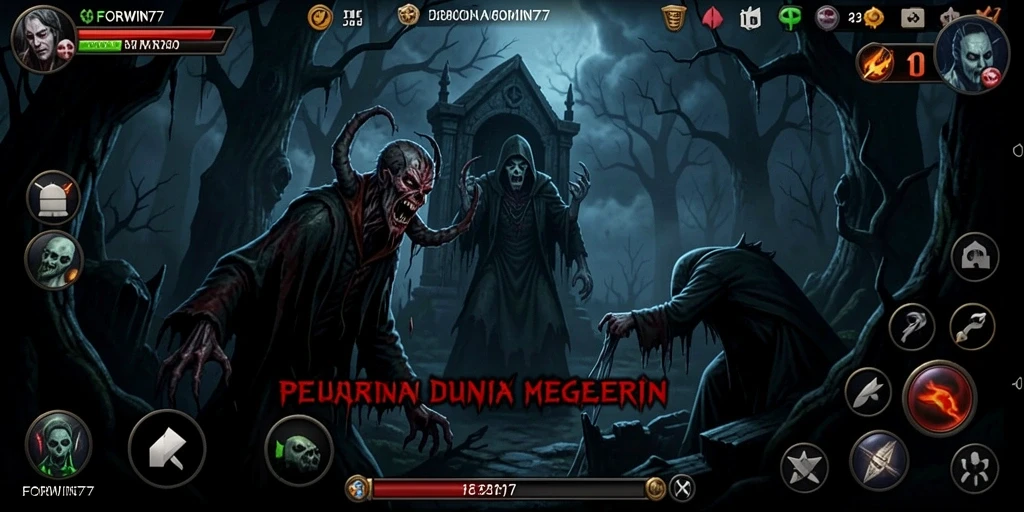 Screenshot gameplay FORWIN77 dengan suasana menyeramkan.