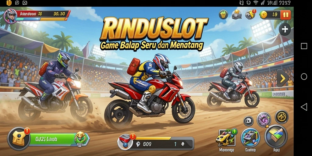 Screenshot RINDUSLOT menampilkan balapan mendebarkan di lintasan yang penuh tantangan.