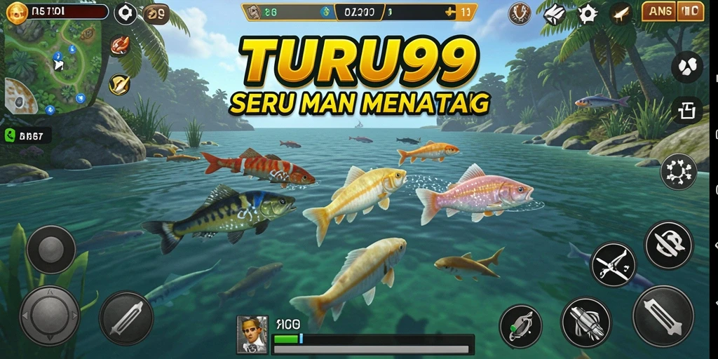 Screenshot TURU99 menunjukkan pemain menangkap ikan dengan latar belakang laut yang indah.